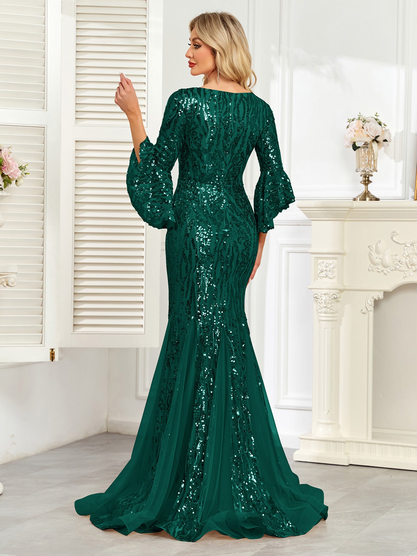 Champagne Gold Sequin Bell Sleeve Mermaid Evening Gown