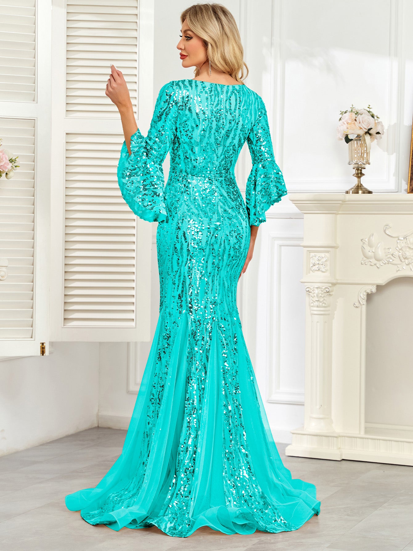 Champagne Gold Sequin Bell Sleeve Mermaid Evening Gown