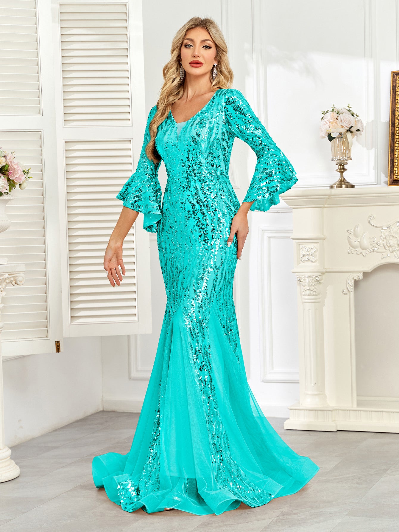 Champagne Gold Sequin Bell Sleeve Mermaid Evening Gown