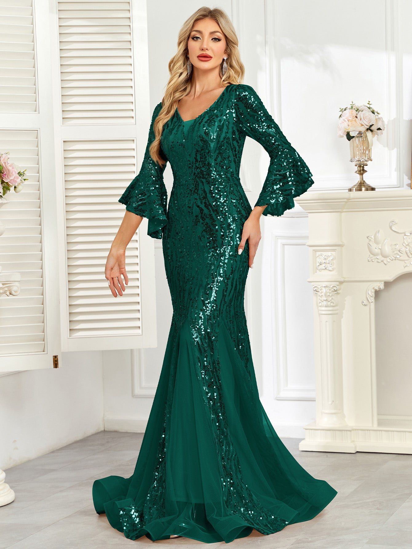 Champagne Gold Sequin Bell Sleeve Mermaid Evening Gown