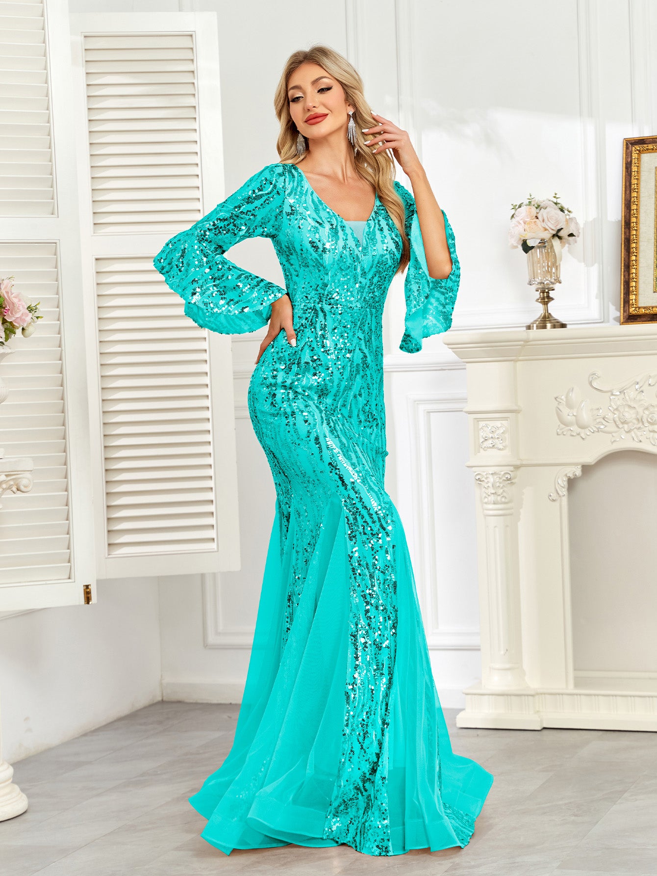 Champagne Gold Sequin Bell Sleeve Mermaid Evening Gown