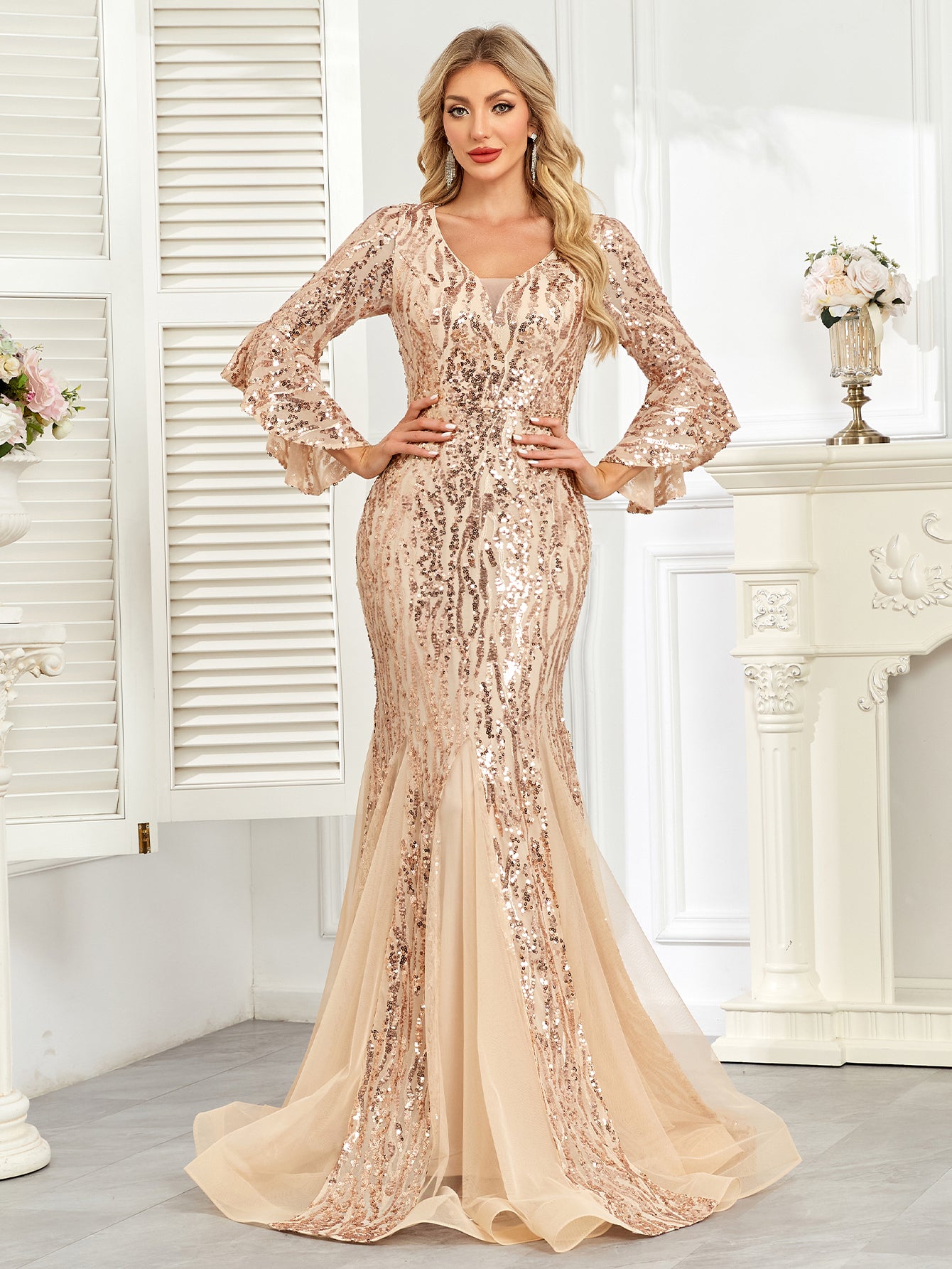 Champagne Gold Sequin Bell Sleeve Mermaid Evening Gown