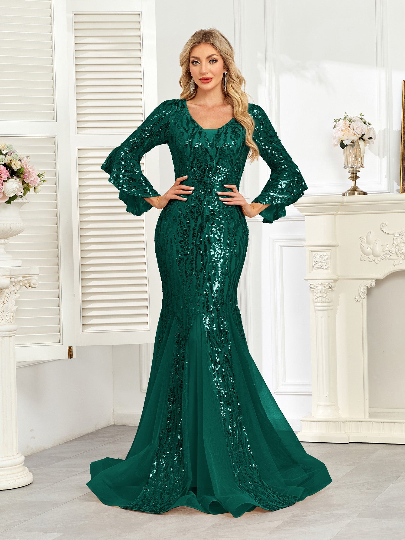 Champagne Gold Sequin Bell Sleeve Mermaid Evening Gown