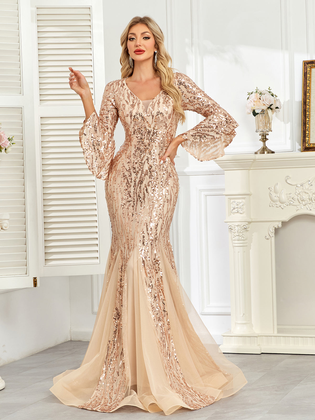 Champagne Gold Sequin Bell Sleeve Mermaid Evening Gown