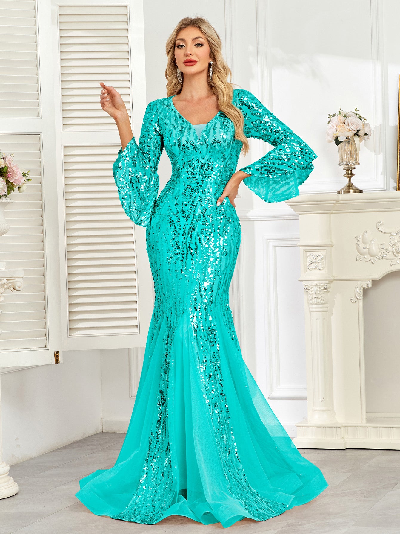 Champagne Gold Sequin Bell Sleeve Mermaid Evening Gown