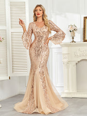 Champagne Gold Sequin Bell Sleeve Mermaid Evening Gown