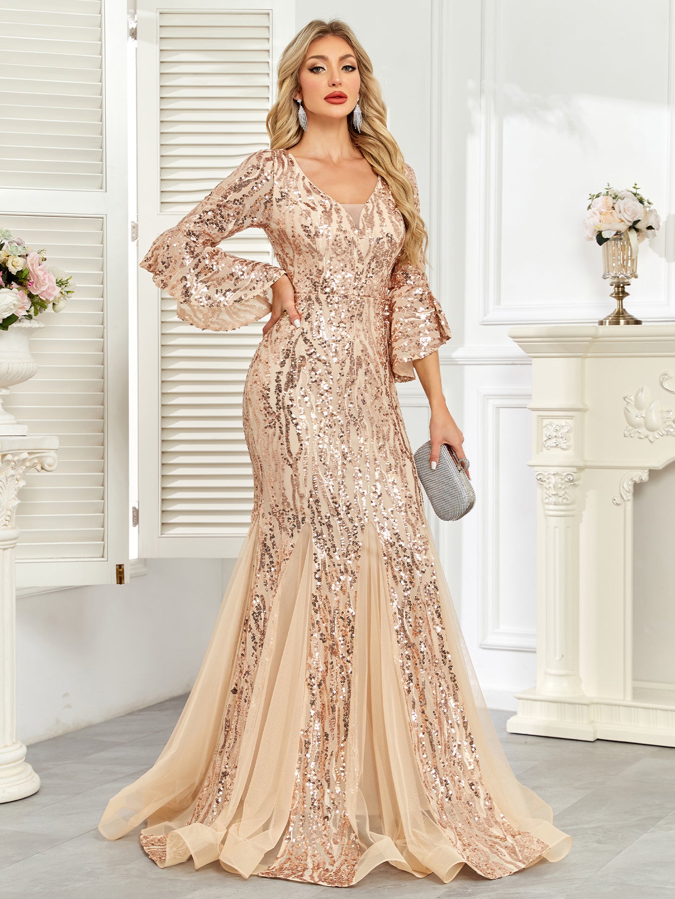 Champagne Gold Sequin Bell Sleeve Mermaid Evening Gown