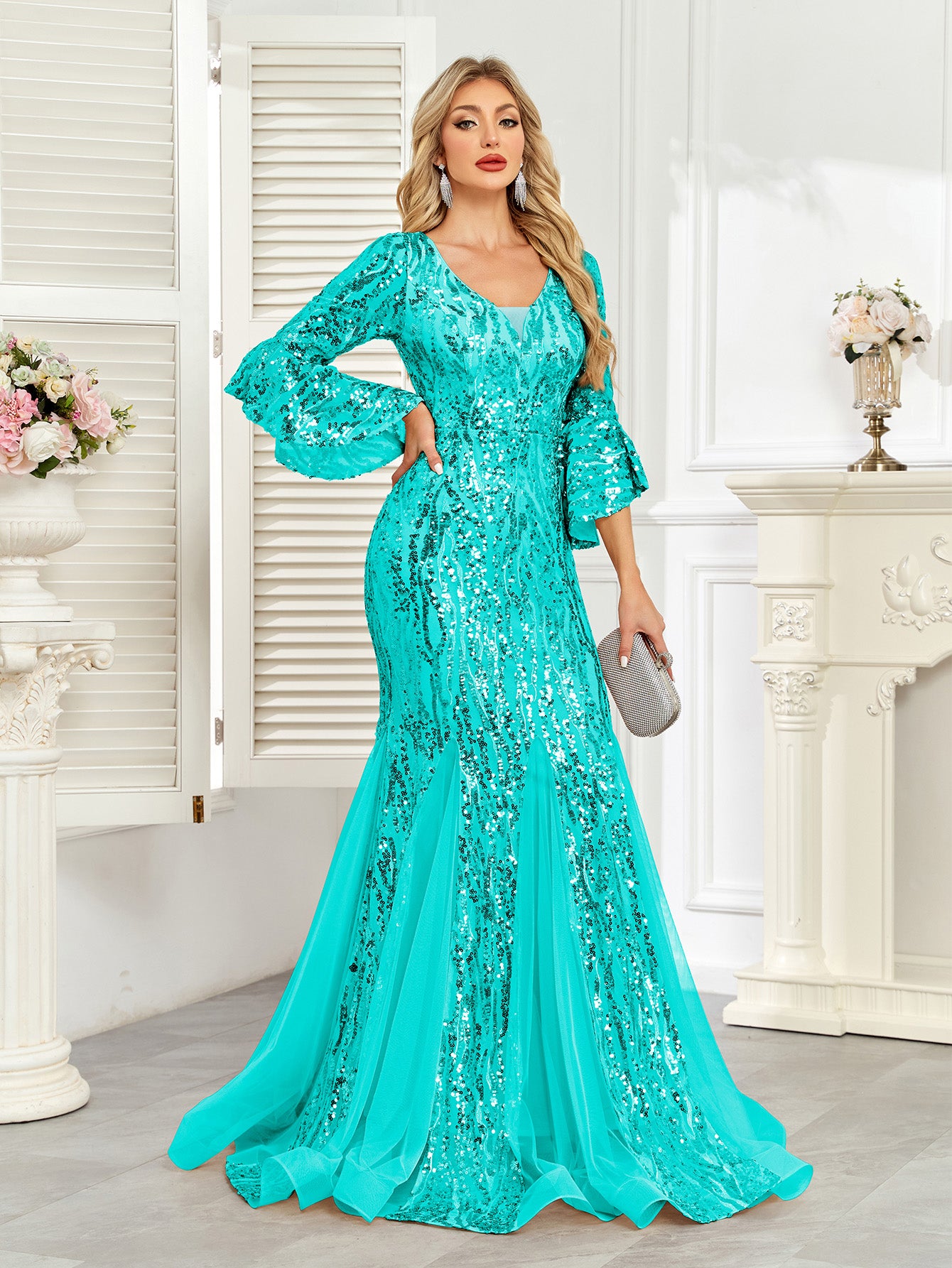 Champagne Gold Sequin Bell Sleeve Mermaid Evening Gown
