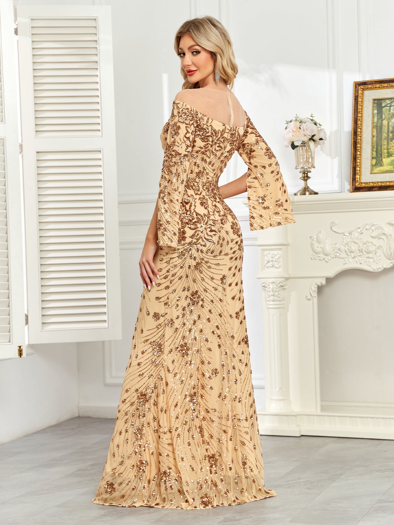 Royal Blue Sequin Split Flare‑Sleeve Mermaid Evening Gown