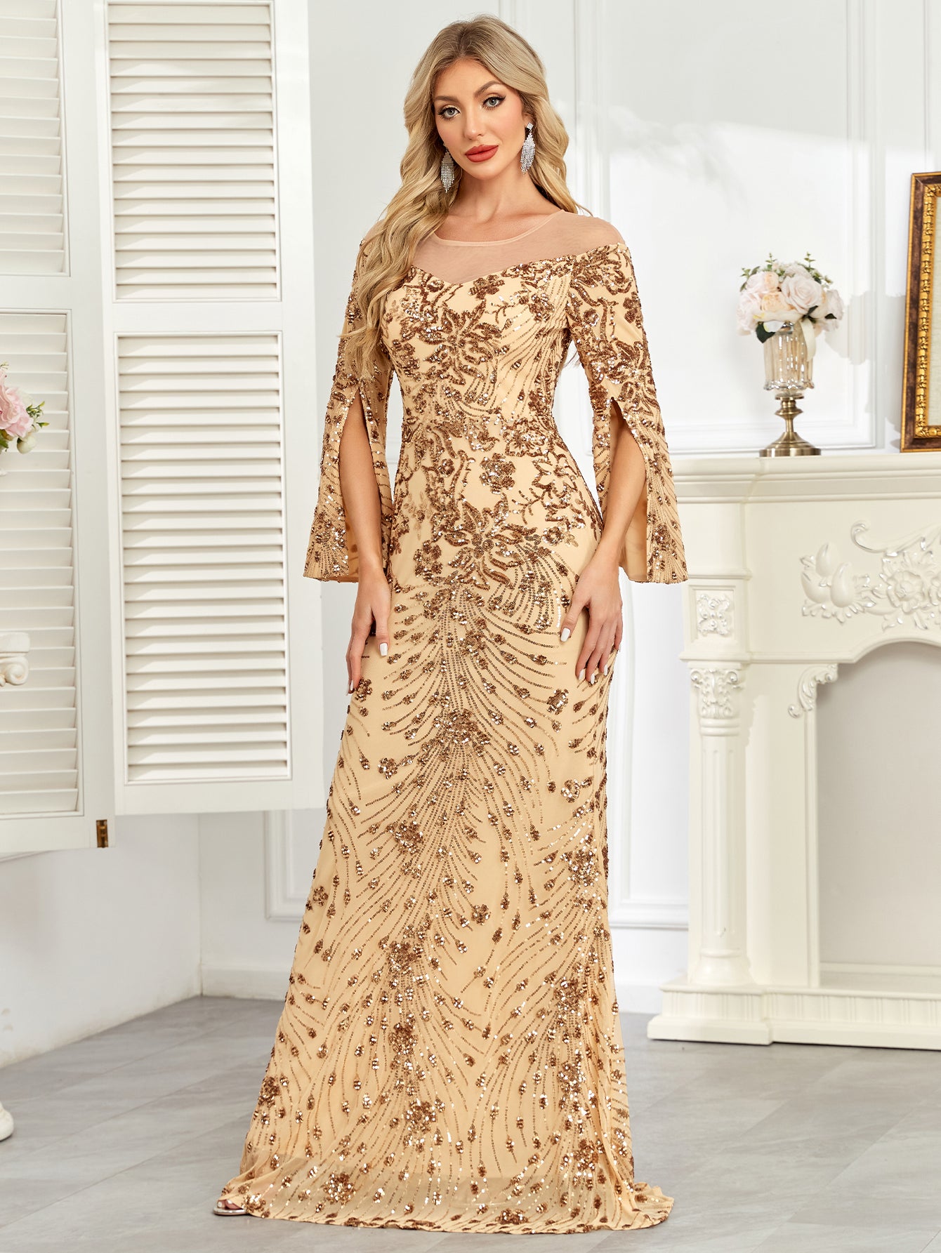 Royal Blue Sequin Split Flare‑Sleeve Mermaid Evening Gown