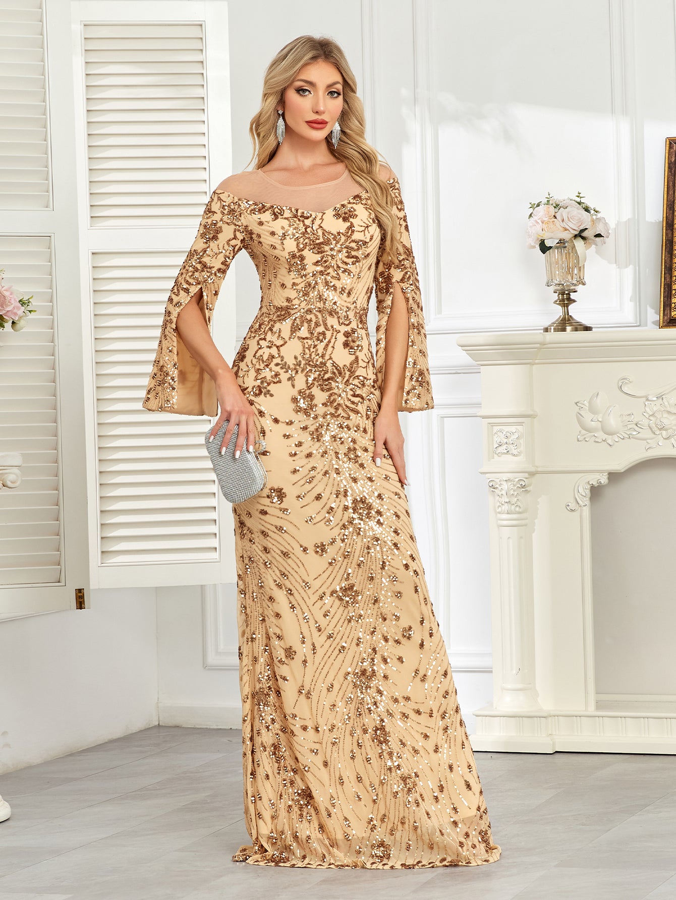 Royal Blue Sequin Split Flare‑Sleeve Mermaid Evening Gown