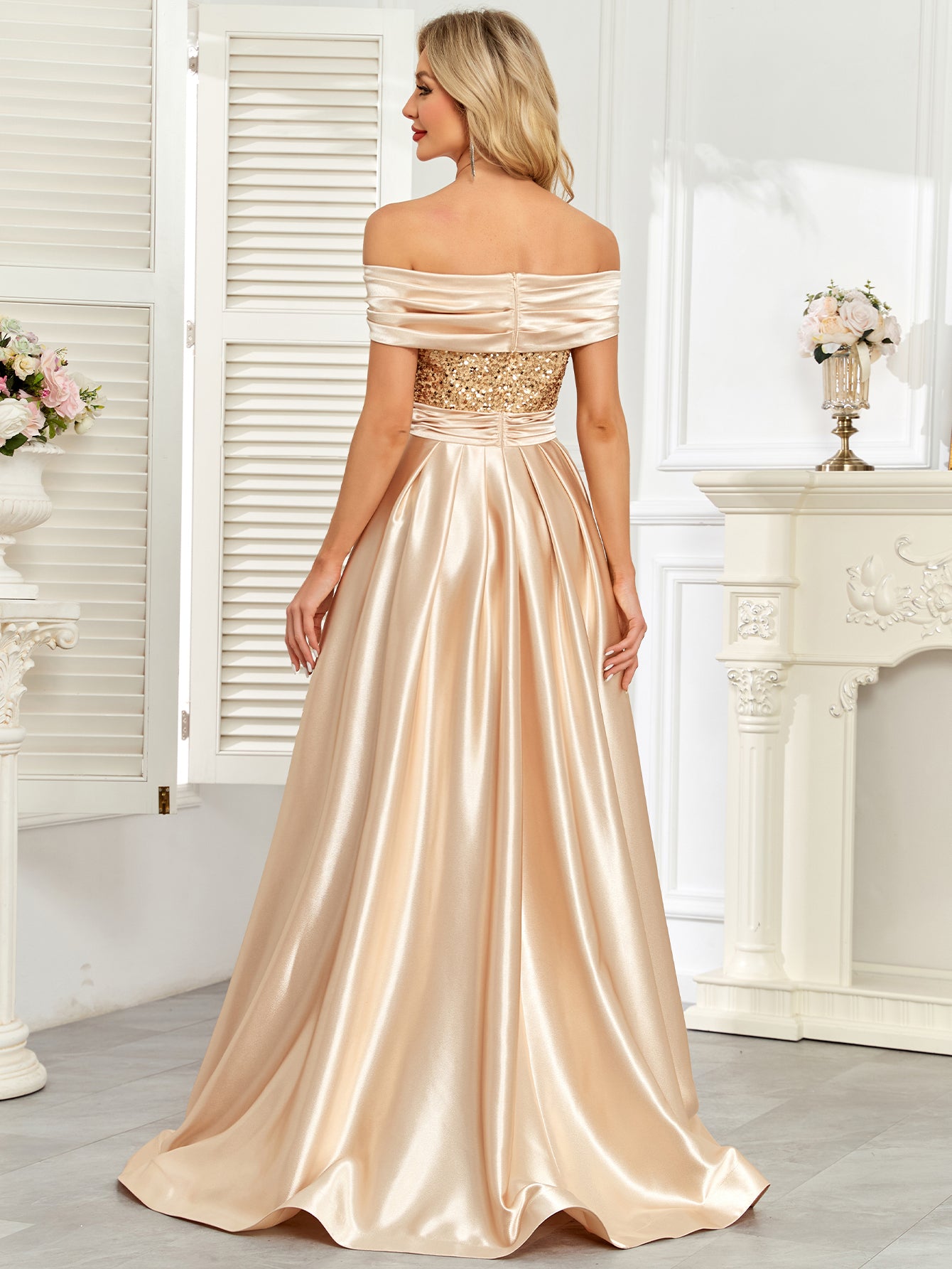 Champagne Gold Sequin Off‑Shoulder A‑Line Satin Evening Gown