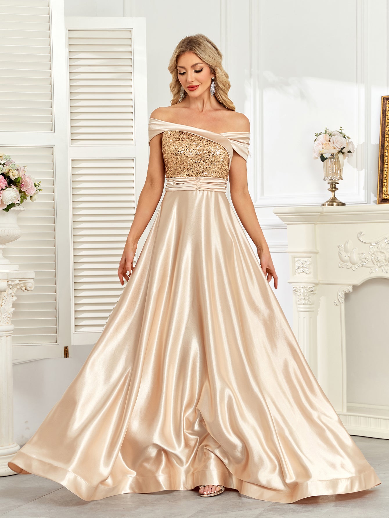 Champagne Gold Sequin Off‑Shoulder A‑Line Satin Evening Gown