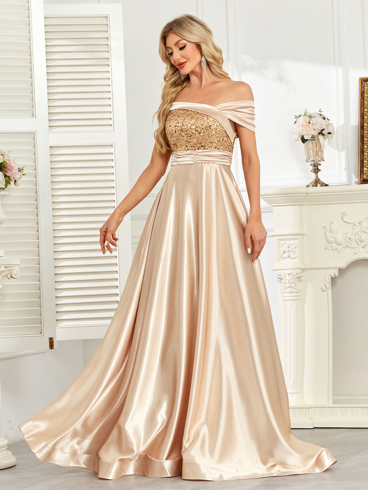 Champagne Gold Sequin Off‑Shoulder A‑Line Satin Evening Gown