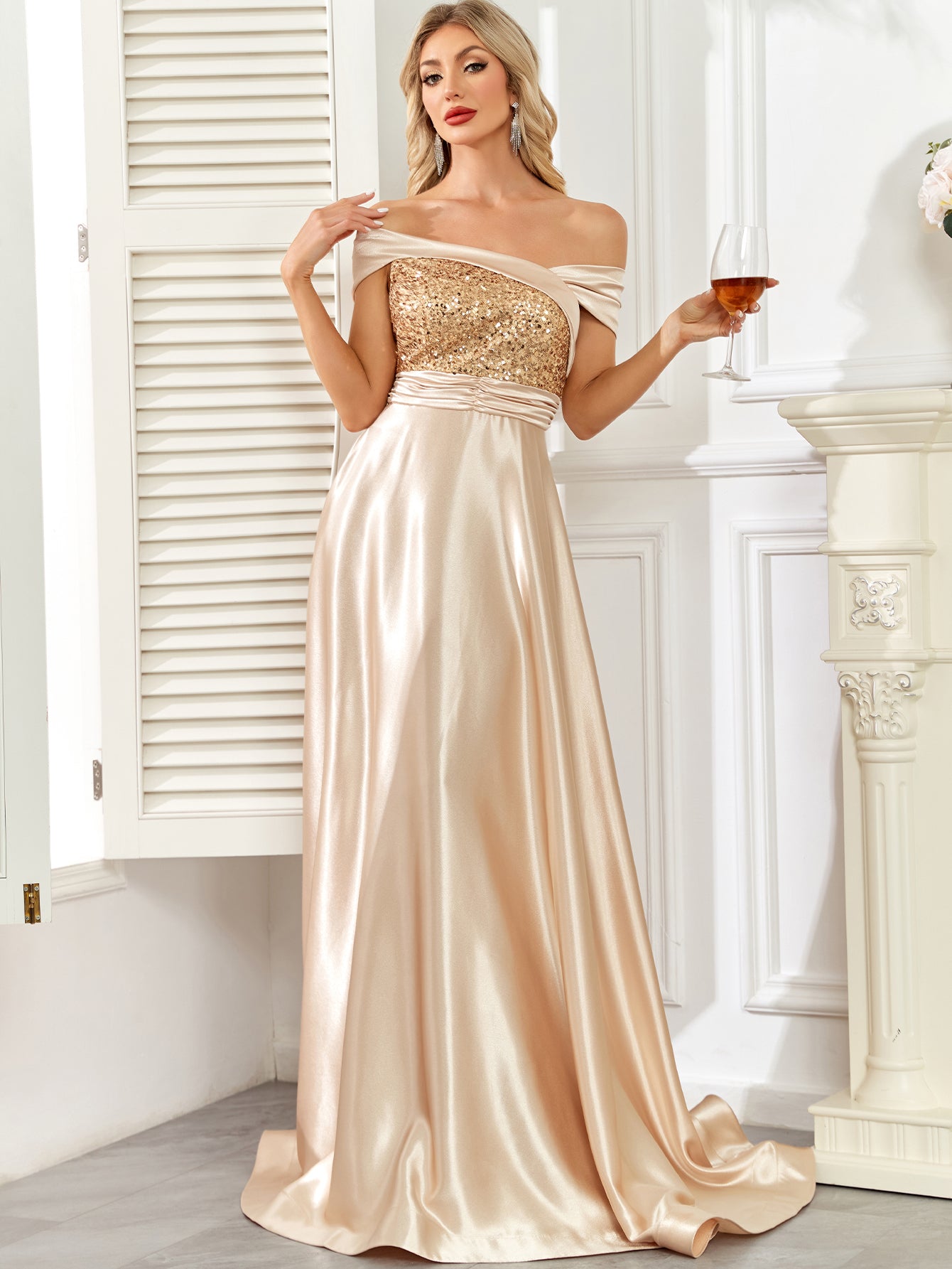 Champagne Gold Sequin Off‑Shoulder A‑Line Satin Evening Gown