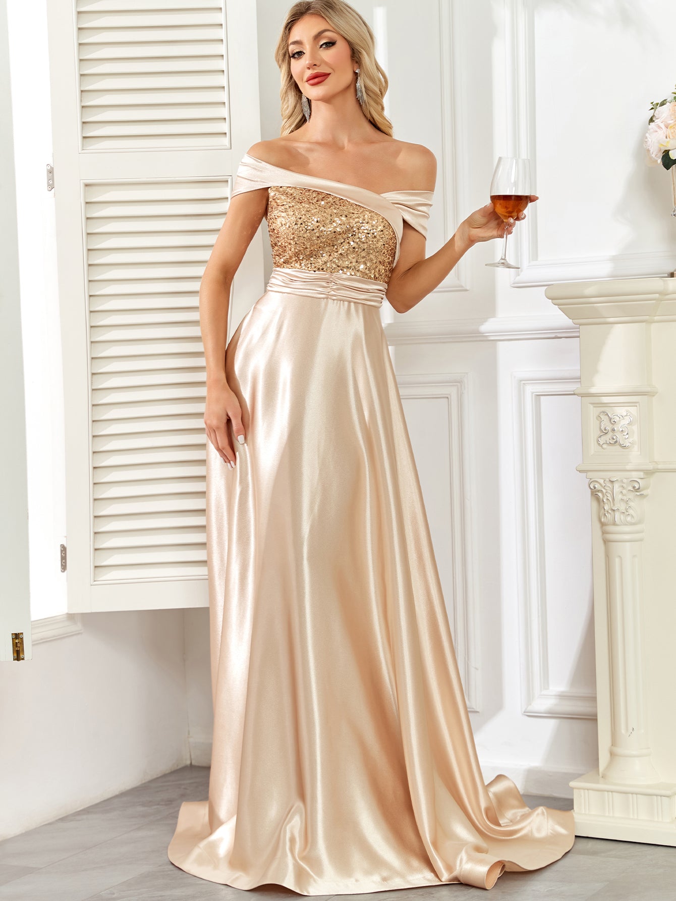 Champagne Gold Sequin Off‑Shoulder A‑Line Satin Evening Gown