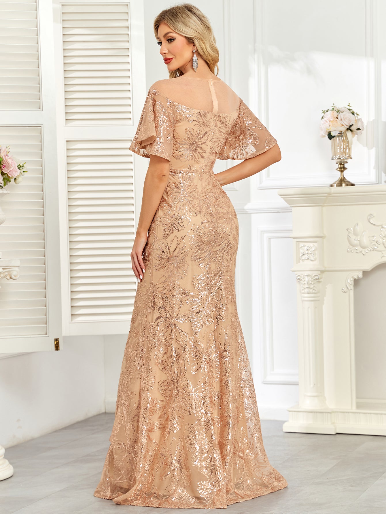 Champagne Gold Sequin Flutter Sleeve A‑Line Evening Gown