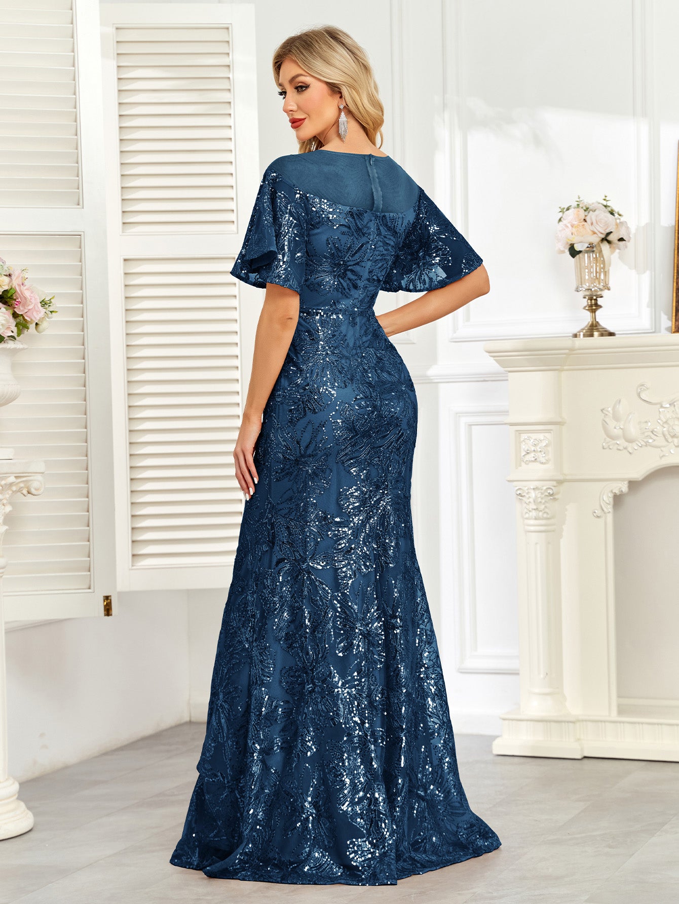 Champagne Gold Sequin Flutter Sleeve A‑Line Evening Gown