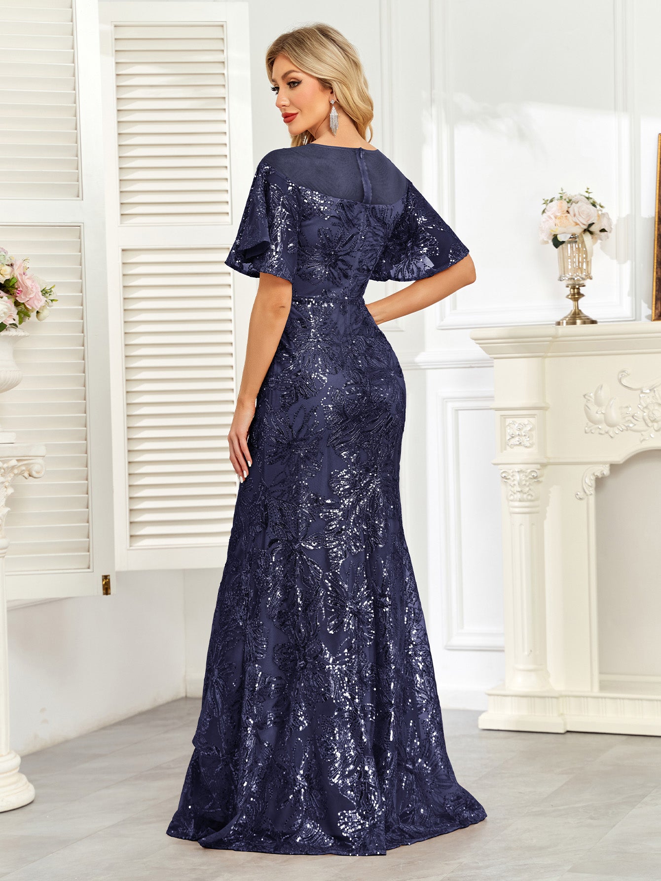 Champagne Gold Sequin Flutter Sleeve A‑Line Evening Gown