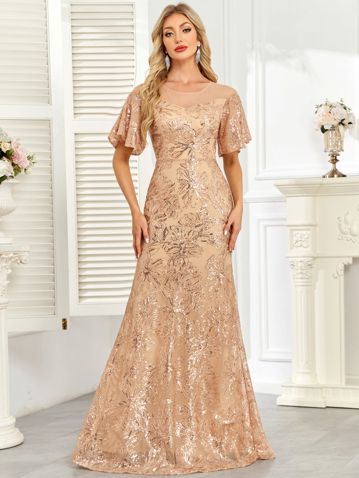 Champagne Gold Sequin Flutter Sleeve A‑Line Evening Gown