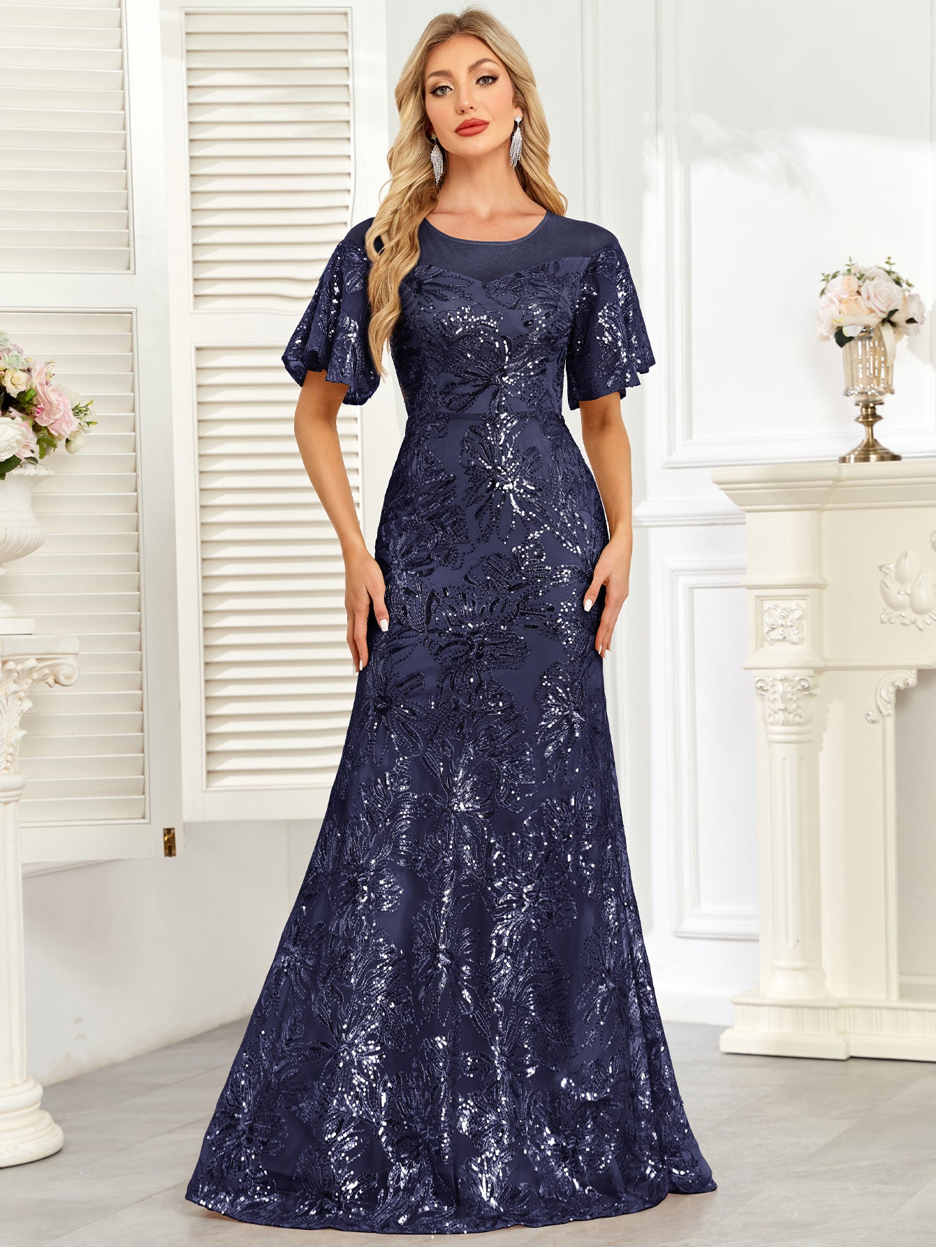 Champagne Gold Sequin Flutter Sleeve A‑Line Evening Gown