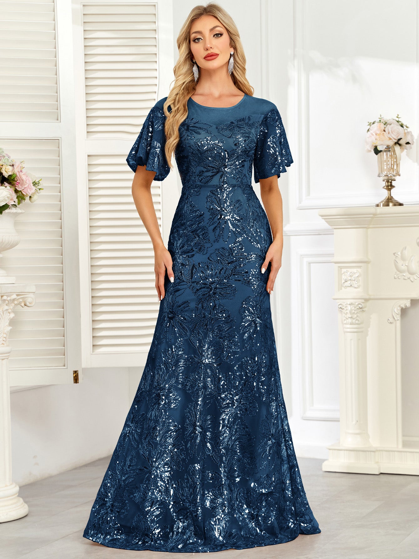 Champagne Gold Sequin Flutter Sleeve A‑Line Evening Gown