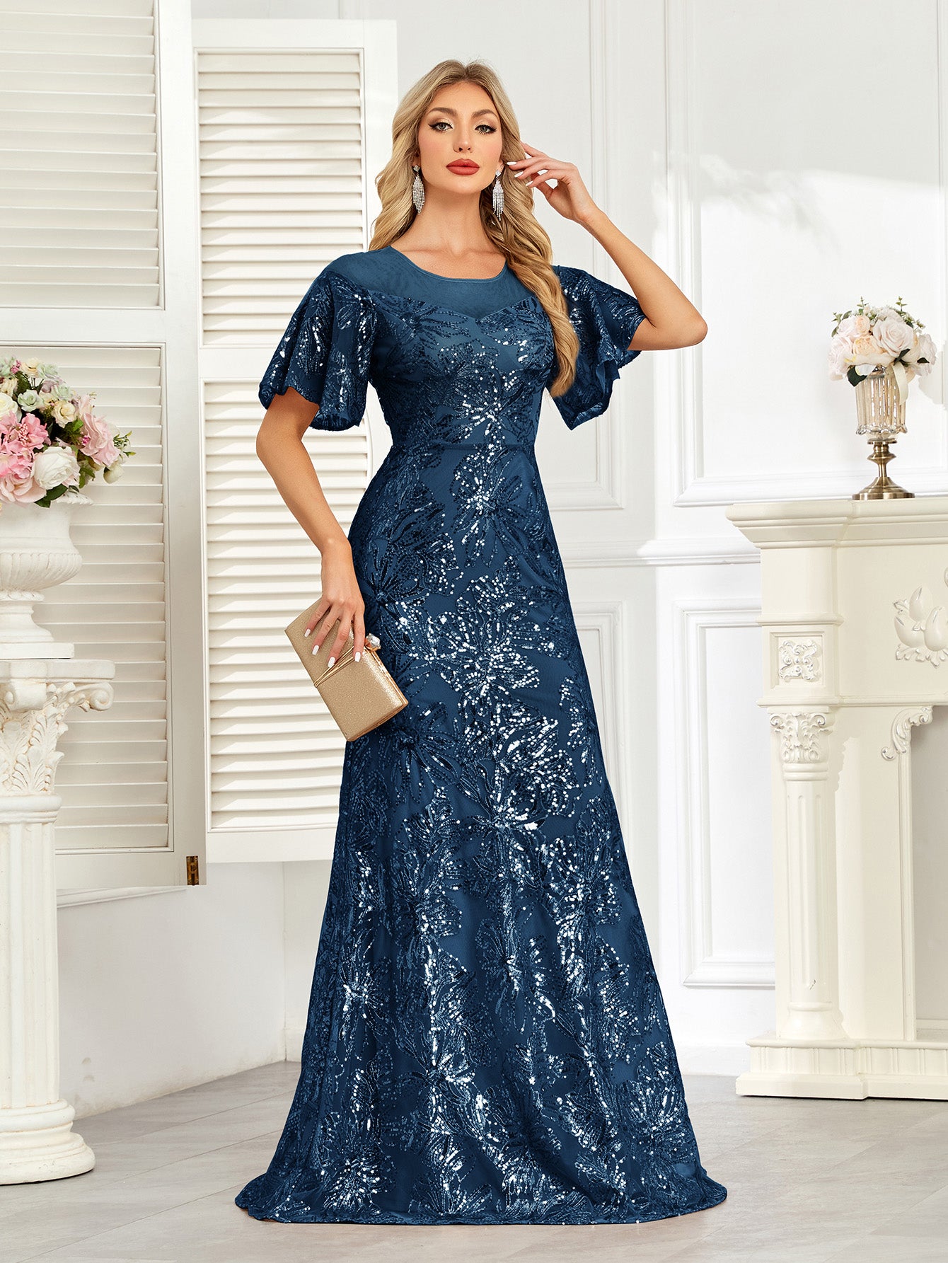 Champagne Gold Sequin Flutter Sleeve A‑Line Evening Gown