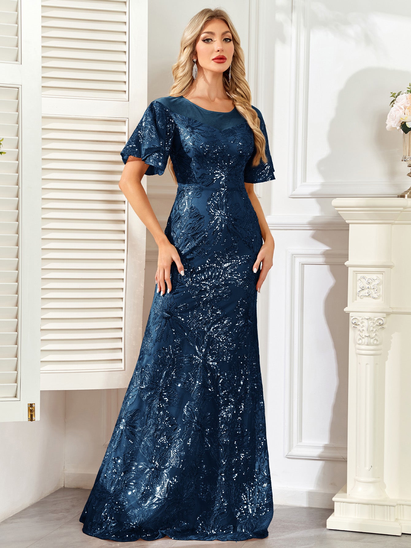 Champagne Gold Sequin Flutter Sleeve A‑Line Evening Gown