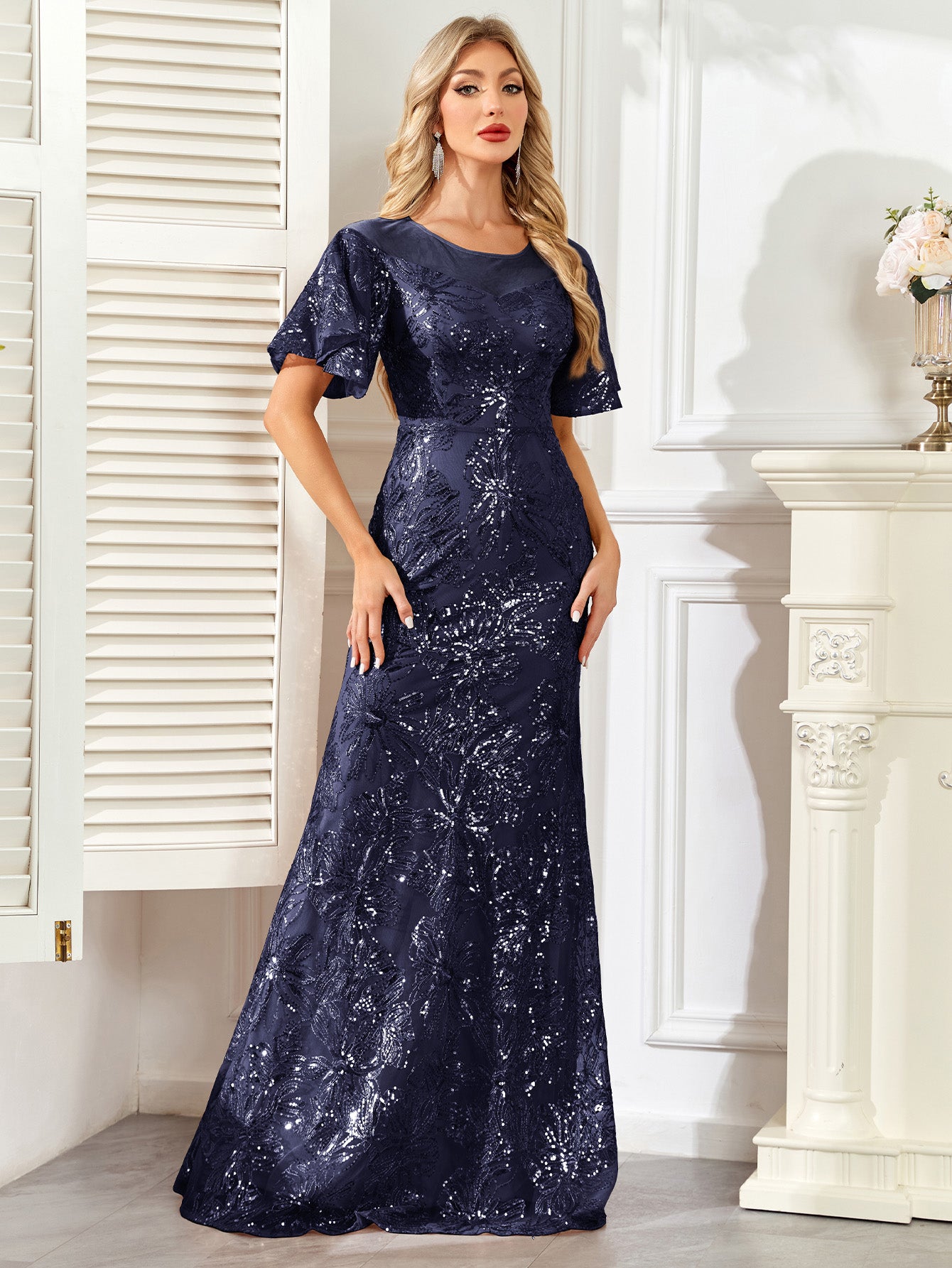 Champagne Gold Sequin Flutter Sleeve A‑Line Evening Gown