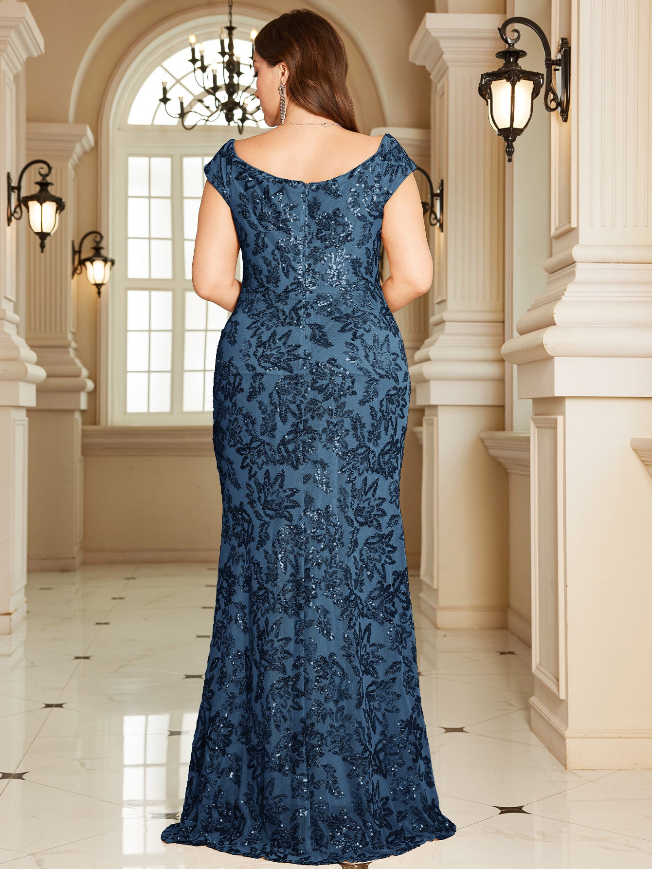 Navy Blue Floral Sequin Off‑Shoulder Sheath Maxi Gown