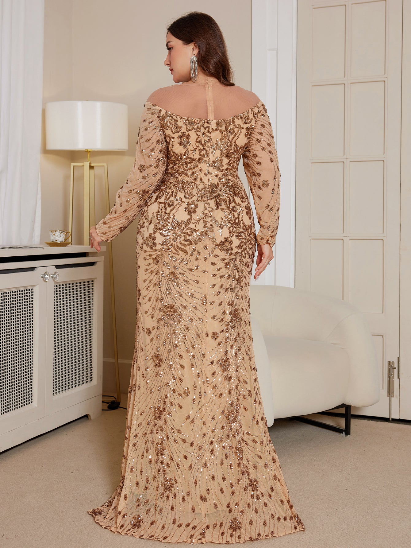 Champagne Gold Floral Sequin Plus Size Mermaid Evening Dress