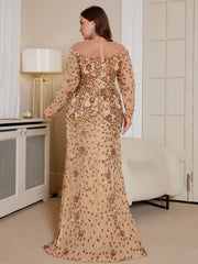 Champagne Gold Floral Sequin Plus Size Mermaid Evening Dress