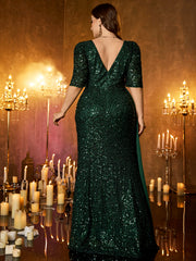 Emerald Green Surplice V‑Neck Chiffon Sash Mermaid Plus Size Evening Gown