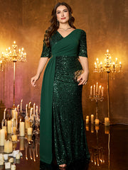 Emerald Green Surplice V‑Neck Chiffon Sash Mermaid Plus Size Evening Gown