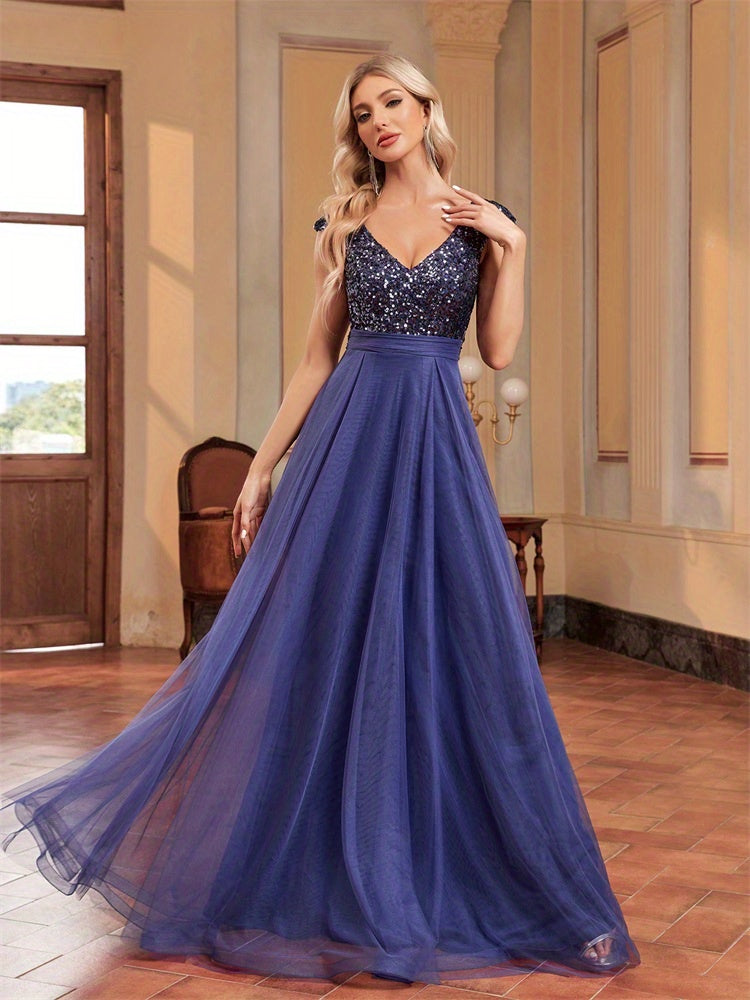 Elegant V-Neck Sequin Mesh Bridesmaid Dress | XUIBOL