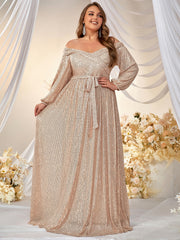 Plus Off Shoulder Belted Sequin Formal Dress