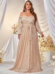 Plus Off Shoulder Belted Sequin Formal Dress