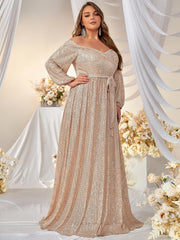 Plus Off Shoulder Belted Sequin Formal Dress