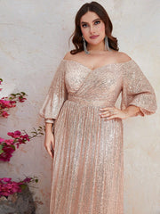 Plus Off Shoulder Lantern Sleeve Sequin Dress