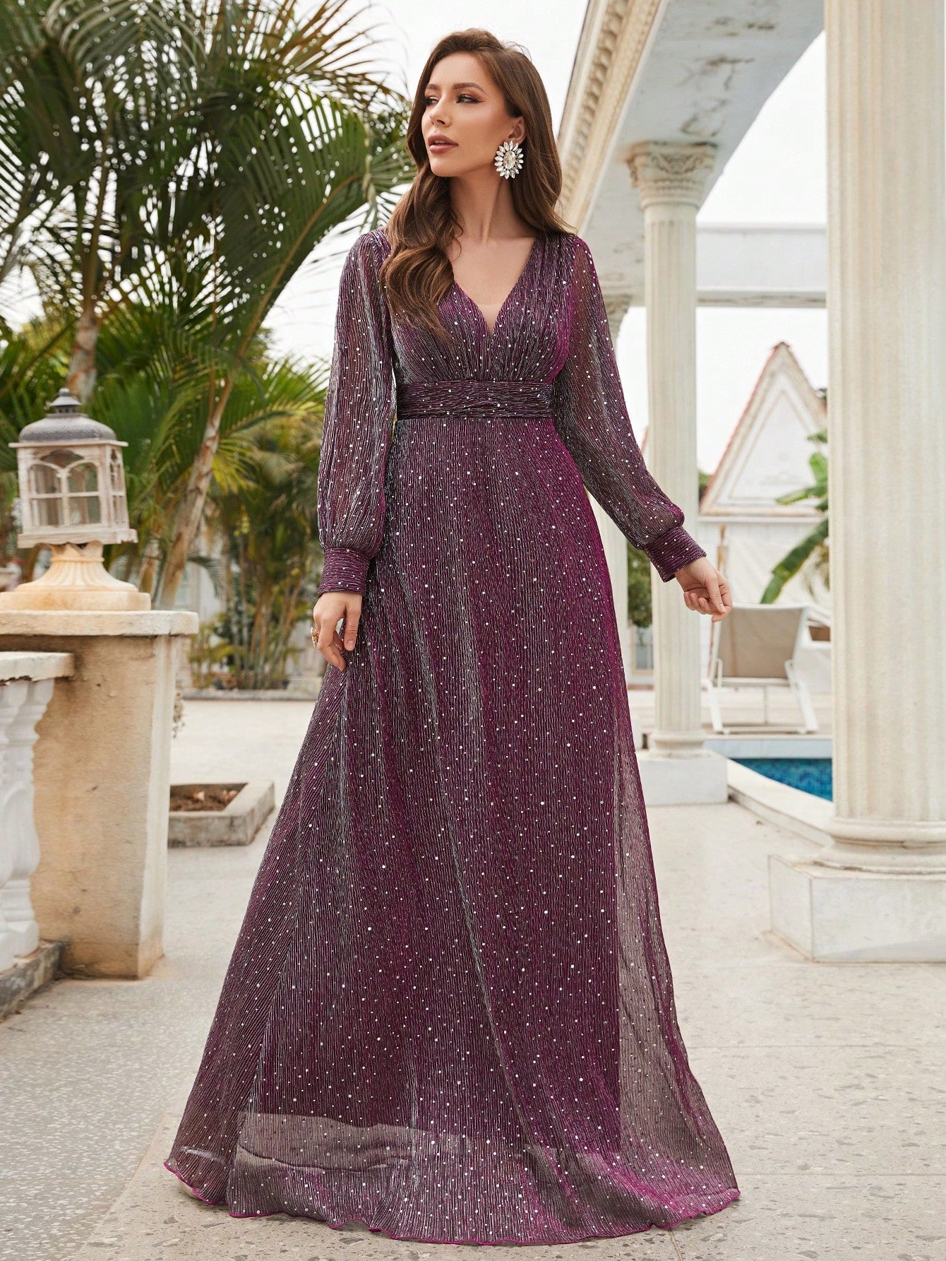 Lantern Sleeve Sequin Decor Floor Length Formal Dress