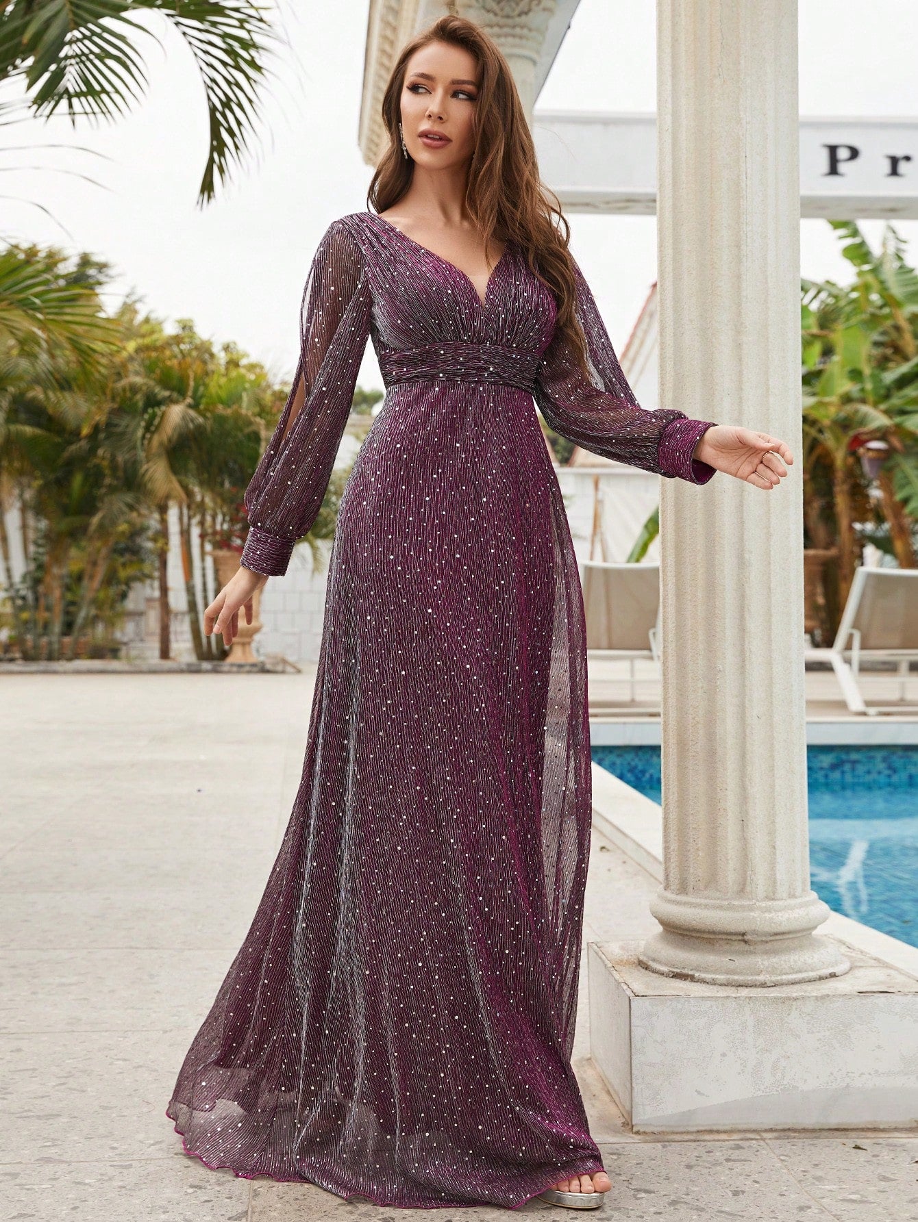 Lantern Sleeve Sequin Decor Floor Length Formal Dress