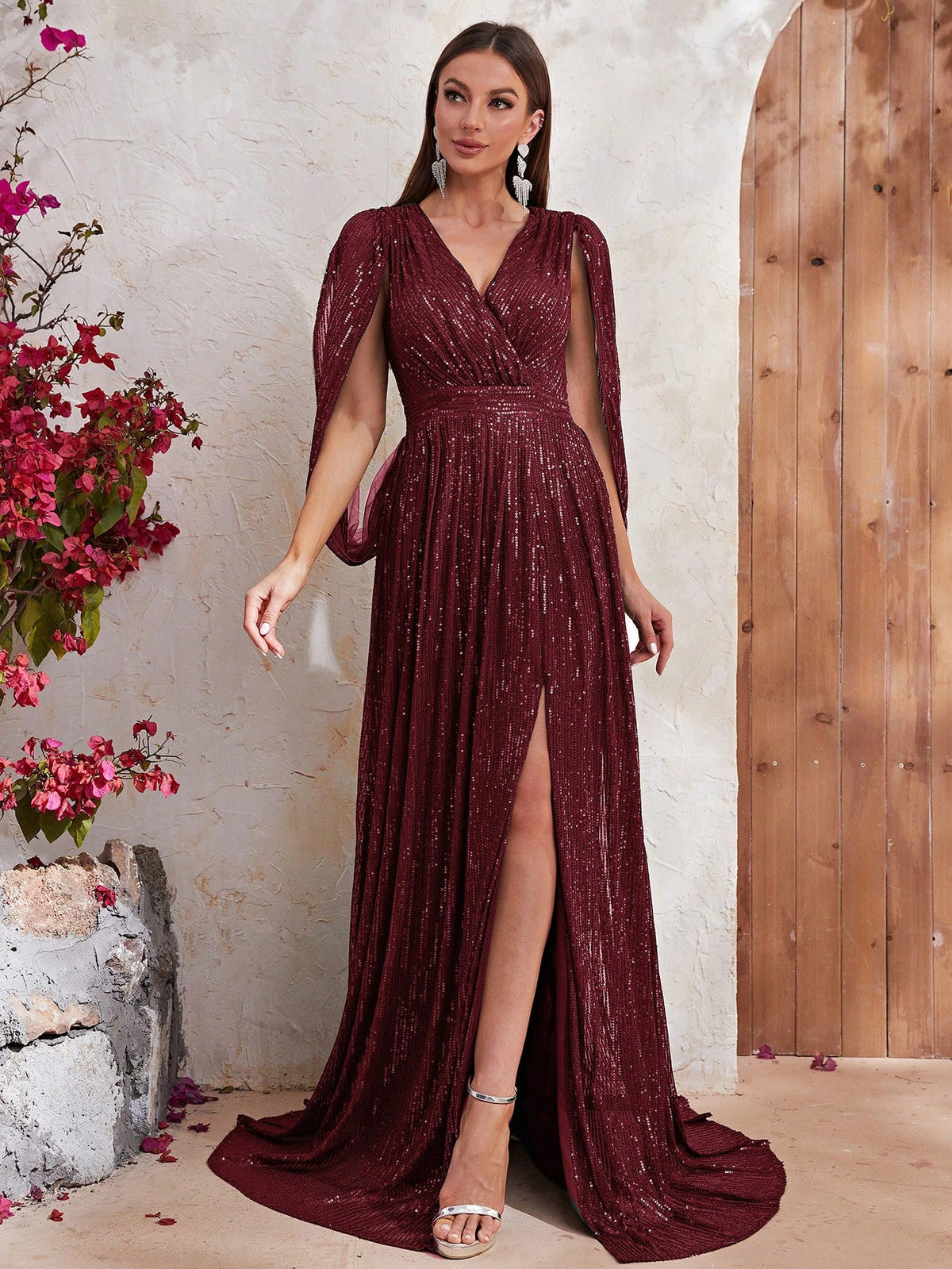 Surplice Neck Split Thigh Sequin Formal Dress