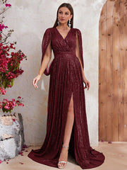 Surplice Neck Split Thigh Sequin Formal Dress