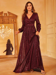 Surplice Neck Lantern Sleeve Sequin Formal Dress