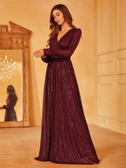 Surplice Neck Lantern Sleeve Sequin Formal Dress