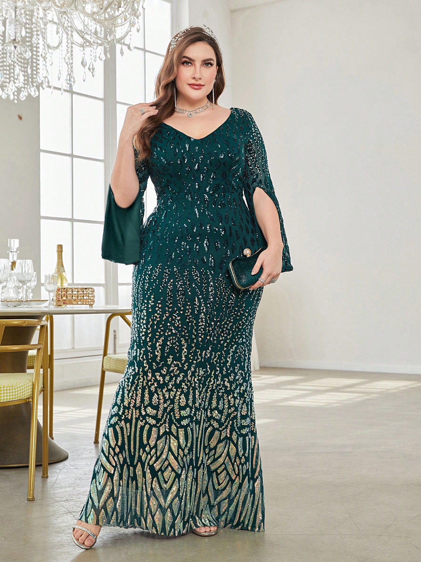 Plus Split Sleeve Sequin Formal Dress | XUIBOL