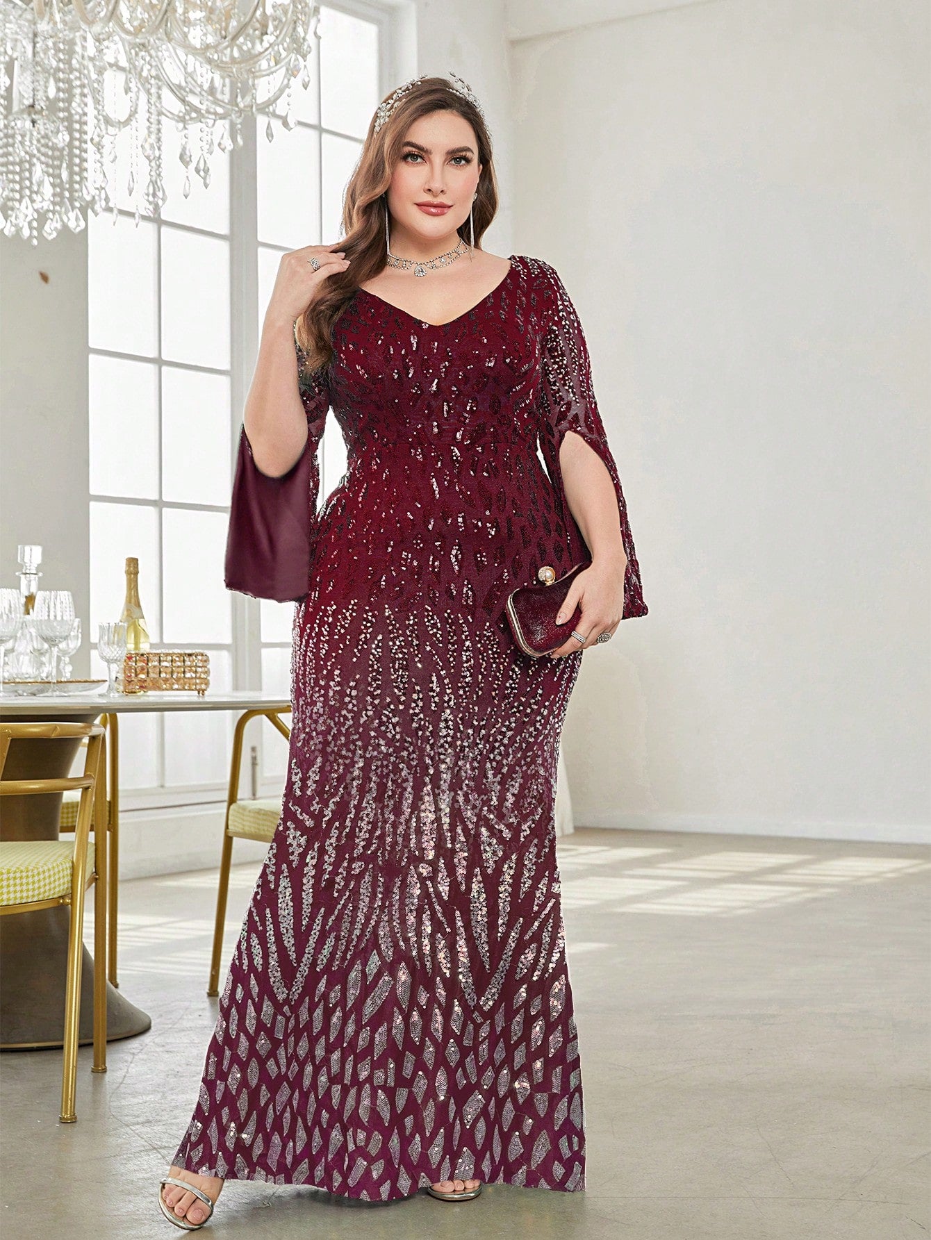 Plus Split Sleeve Sequin Formal Dress | XUIBOL