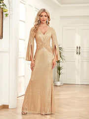 Split Sleeve Mermaid Hem Sequin Formal Dress