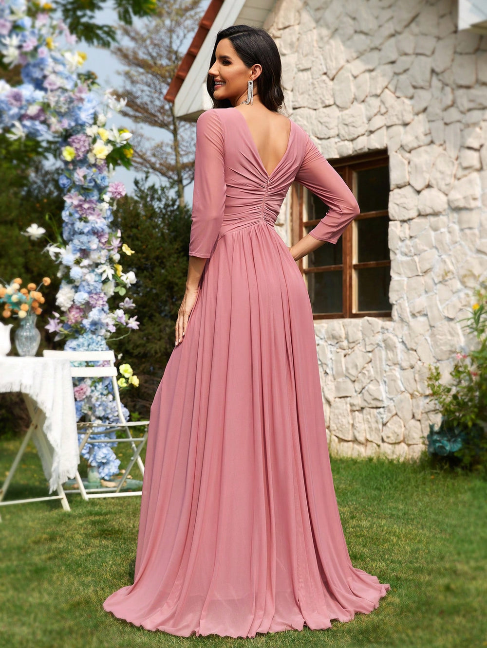 Women'S Deep V-Neck Long Sleeve High Slit Hem Evening Party Maxi Dress