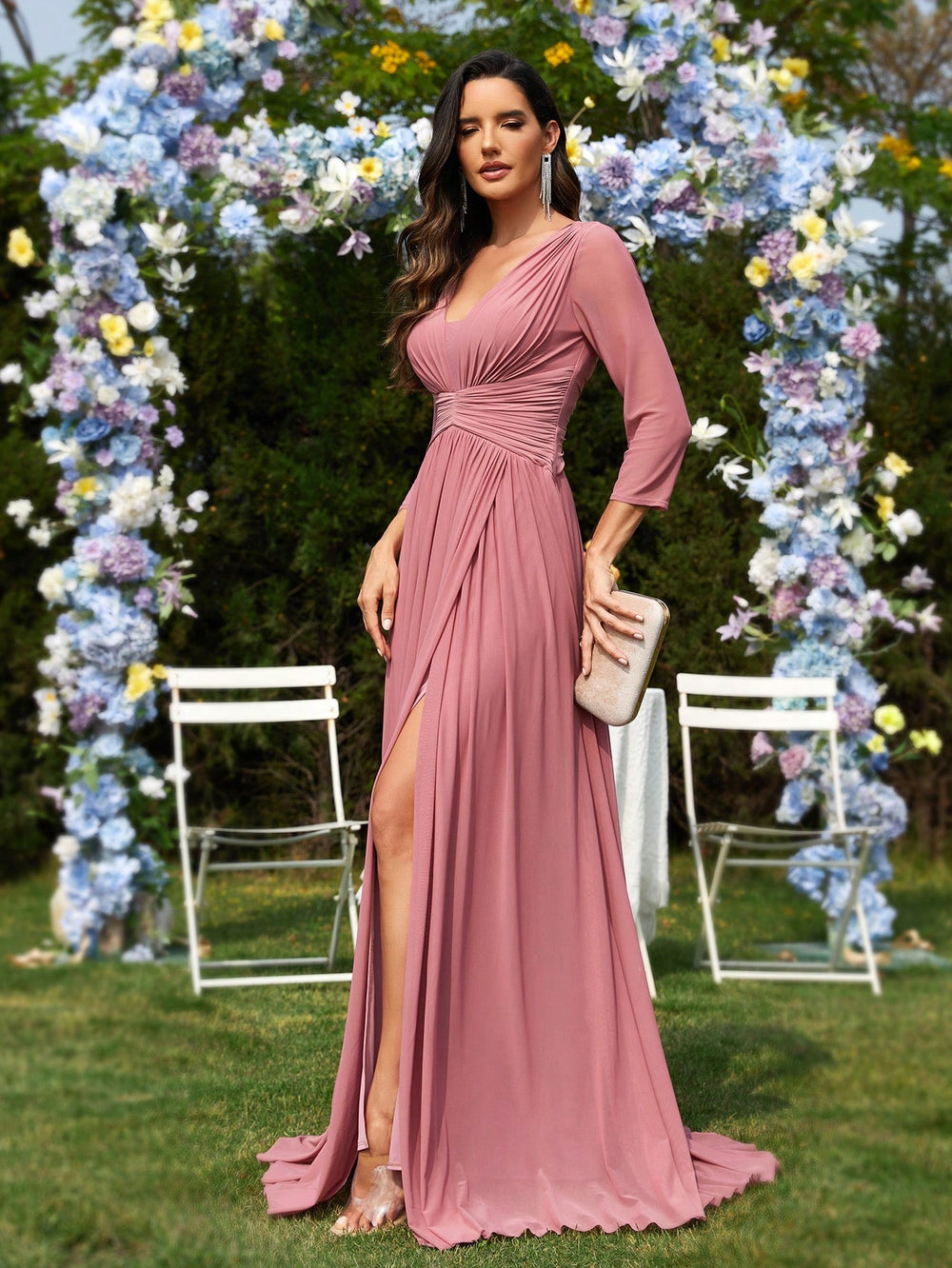 Women'S Deep V-Neck Long Sleeve High Slit Hem Evening Party Maxi Dress